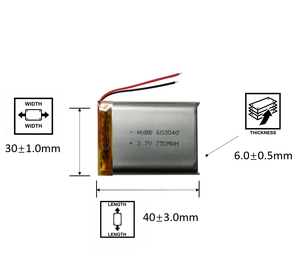 Литий-полимерный аккумулятор 603040 с 2 проводами, 603040-2, 750 мАч, 3.7В, с сертификатом UN38.3 MSDS, перезаряжаемый, для MP3, MP4, TWS-колонок - Product Image 2