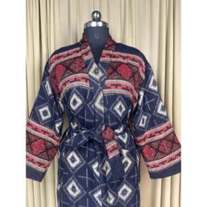 Cárdigan tipo bata de mezcla de lana de yak para mujer, con estampado de diamantes azules, cómodo para el invierno, estilo romántico, ropa de estar por casa con bolsillos, abrigo de casa tejido con diseño original - ODM - Product Image 2