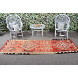 Alfombra Turca Vintage, Alfombra Kilim de 2.8x9.4 pies, Alfombra a Cuadros Roja y Gris - Product Image 3