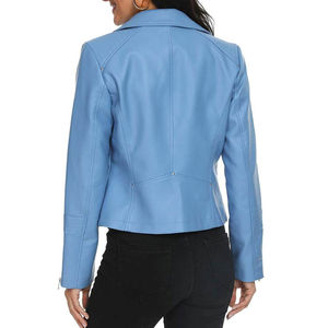 Chaqueta de Cuero Azul Claro de Manga Larga para Mujer, Top Corto de Moda Popular, Talla XL, Decoración de Bolsillos, Estilo Motociclista - Product Image 5