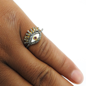 Mode femmes forme d'oeil pavé ensemble plaqué or noir Rhodium incrustation de diamant rubis bague bijoux vintage 925 argent gros anneaux - Product Image 6