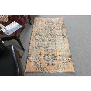 Tapis turc vintage en laine de 2,8x5 pieds Design patchwork bleu orange avec tapis et ensembles de support en latex - Product Image 1