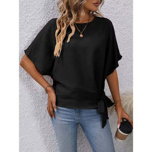 Women'<b>s</b> Short-Sleeved Crew Neck Side-Tie Aerobin <b>Blouse</b>, 37391 - Black - Product Image 3