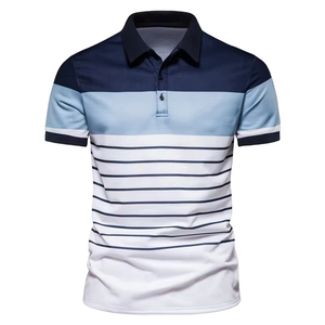 Polo clásico para hombre diseñado con rayas horizontales colorblock en azul marino azul cielo y blanco que ofrece un informal - Product Image 6