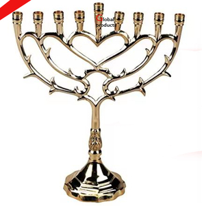 2025 religieux doré fini forme de coeur 9 branches menorah bougie support pour temple à la maison - Product Image 1