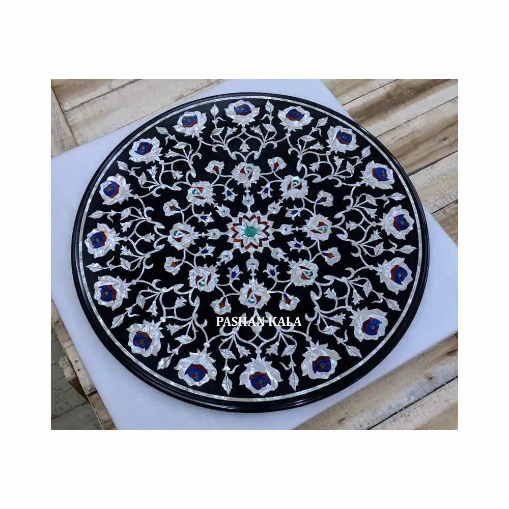 Round Shape Traditional Design Inlay Best Quality Polished White Marble Inlay Table Top For Multi Place Use In Best Price