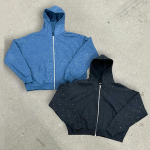 Vente en gros de haute qualité Logo personnalisé Impression Acid Wash Sweat à capuche zippé Sun Faded Vintage Hoodies Rhinestone Hoodie pour hommes - Product Image 3