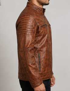 Brown Washed Leather Motorcycle <b>Jacket</b> <b>Men</b> Zip Up Stand Collar Regular Fit Winter Riding Outerwear - Product Image 3