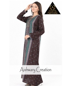 Vestido midi de algodón con estampado étnico tradicional para mujer, cuello bordado, corte suave y relajado, ropa informal para el hogar, ropa de dormir - Product Image 1