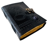 Nuevo Diario de Cuero Genuino Negro con Grabado de Dragón Celta, Tapa Dura con Cierre Antiguo y Decoración de Piedras Preciosas Púrpuras, Regalo