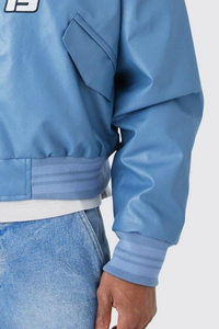 Blouson aviateur en cuir de mouton bleu pour homme, édition limitée, doublure en coton coupe-vent, design court, double glissière - Product Image 4