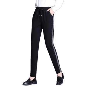 Pantalon cargo en molleton pour femme de bureau, taille haute, élastique, épais, noir, bordure dorée, pantalon long, grande taille - Product Image 2