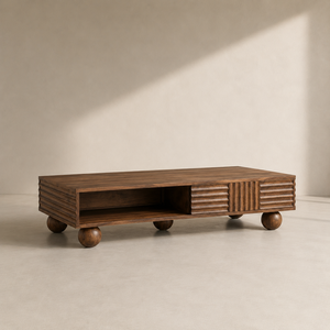Mesa de Centro de Madera de Mango Sólida con Mosaico y Cajón, Diseño Acanalado, Moderna, para Sala de Estar, Muebles Personalizados de la India - Product Image 1