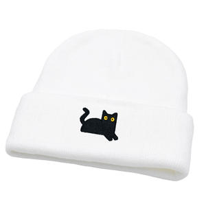 Chapeau en tricot chaud d'automne et d'hiver pour hommes et femmes, joli motif de chat noir brodé, bonnet en laine - Product Image 2