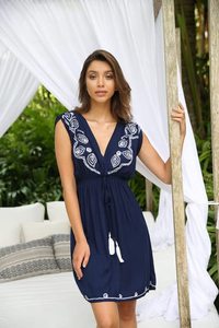 Bohemian Ladies Tunic Top Bikini Cover up Short Sleeve Cotton Hand Embroidered Beach Casual <strong>Navy</strong> Blue Tunics Sundress - Product Image 2
