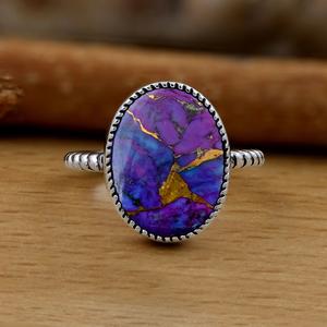 แหวน925ทองแดงเทอร์ควอยซ์สีม่วงทำด้วยมือสีเงินสเตอร์ลิงประดับด้วยเพชรทรงรีตัดเป็นของขวัญแต่งงานหรือปาร์ตี้ที่สมบูรณ์แบบสำหรับผู้หญิง - Product Image 2