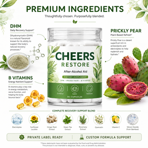 Cápsulas de Ayuda Post-Alcohol Cheers Restore con DHM, Nopal y Vitaminas <span class=keywords><strong>B</strong></span> <span class=keywords><strong>para</strong></span> <span class=keywords><strong>la</strong></span> Recuperación del Hígado, Limpieza Suave a Base de Plantas, Marca Privada - Product Image 1