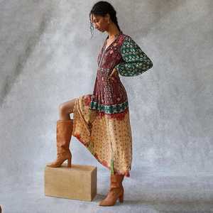 Vestido largo con estampado bohemio de algodón 100% para mujer, atractivo cuello en V, manga larga, tamaño libre, longitud Midi informal para vacaciones en la playa - Product Image 2