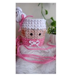 Chic Hand Knitted <b>Basket</b> 8x7 Inch Pink & <b>White</b> Striped Face Design with Glasses Desk Organizer for Living Room, Bedroom - Product Image 1