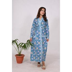 Kimono de algodón ligero Bata Bloque de mano Impreso Floral Albornoz de verano con cintura natural de longitud completa - Product Image 1