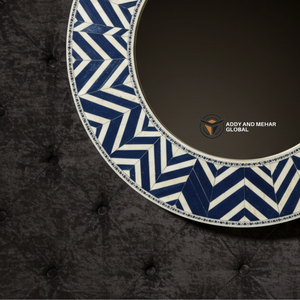 Miroir rond en os incrusté bleu et blanc fait à la main, motif géométrique en chevron, décoration murale pour la vente en gros - Product Image 6