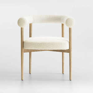 Chaise de salle à manger nordique moderne en bois de frêne, chaise de salle à manger rembourrée en tissu teddy extensible ivoire pour la maison - Product Image 1