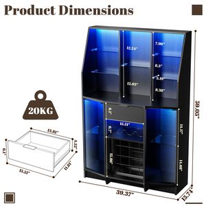 Mueble Bar Grande Negro para el Hogar con Luces LED y Estante para Vinos, Aparador Alto para Cafetera y Almacenamiento para Comedor - Product Image 4
