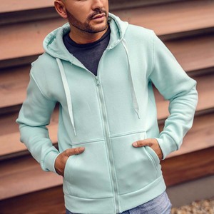 Sudadera con capucha de forro polar azul claro para hombre, personalizada, 350GSM, 100% algodón, ecológica, cortavientos, cálida, de corte regular, con cremallera completa. - Product Image 1