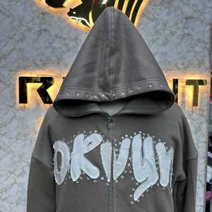 Custom Applique Embroidery Distressed Hoodie <b>Rhinestone</b> Zip up <b>Jacket</b> Acid Wash Vintage Washed Men Fleece Streetwear Hoodie - Product Image 3