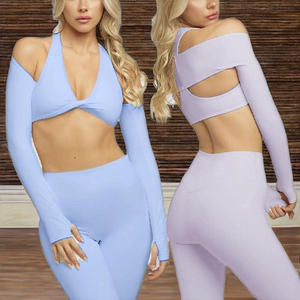Hot Sale Solid Twist Bra Shawl High Waist Leggings 3 Piece Breathable Quick Dry Nylon Spandex Front Logo Sports Yoga Set - Product Image 2