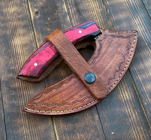 Couteau Ulu d'Alaska en acier Damas, manche en bois, étui en cuir, forgé sur mesure, couteau de cuisine à trancher, fait main, professionnel industriel - Product Image 6