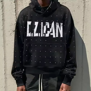 Sweat à capuche 500GSM de haute qualité pour hommes poids lourd surdimensionné Streetwear coton noir strass - Product Image 1