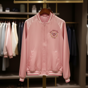 Blouson Bomber Varsity en Satin Teint Uni Brodé Personnalisé avec Fermeture Éclair sur le Devant pour Femme Grande Taille - Product Image 2