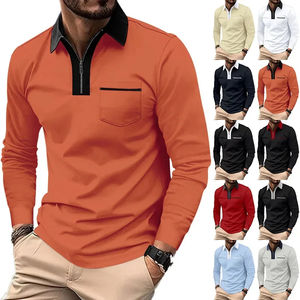Polo à col à manches longues coupe ajustée pour hommes printemps automne conception de poche T-Shirt à la mode bloc de couleur vêtements pour hommes - Product Image 2