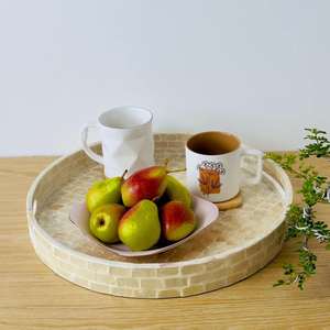 Elegant Classic White Mother Pearl Wooden Lacquer Serving Tray Capiz Shell Ottoman Diwali Wedding <b>Breakfast</b> Decor Living Room - Product Image 2