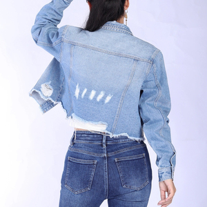 Chaqueta vaquera de algodón recortada con botones sueltos al por mayor, nuevo diseño, azul claro, transpirable, manga completa para mujer - Product Image 6