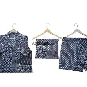 Conjunto de Pijamas de Algodón Puro Hechos a Mano al por Mayor, Camisón de Manga Corta con Estampado Floral, Estampado a Mano, Transpirable, Suave, Informal, de Verano - Product Image 6