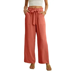 Women's Orange High Waist Lace Decoration Wide Leg Pants Adjustable Knot Summer <b>Work</b> <b>Trousers</b> for Business Casual <b>Elastic</b> Waist - Product Image 1