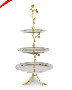 Présentoir à gâteaux à 2 niveaux en métal argenté au look tendance avec design à la feuille d'or pour restaurant et bar d'hôtel - Product Image 2