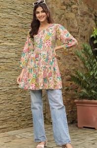 เสื้อลายดอก jaipuri หลากสีเสื้อแขนสั้นสีน้ำตาลพิมพ์ลายดอกไม้สำหรับฤดูร้อนมีกระดุมปิดผ้าทอซักได้ - Product Image 6