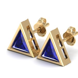 Boucles d'oreilles à visser en or massif 14 carats REYES personnalisées, forme triangulaire, saphir bleu de 1,9 carat, bijoux pour femmes - Product Image 3
