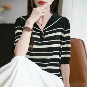 เสื้อยืดคอวีแขนสั้นสำหรับผู้หญิงใส่ปกติสีทึบลำลองผ้าดอปบี้ระบายอากาศได้ดีเสื้อทีเชิ้ตผ้าฝ้าย - Product Image 5