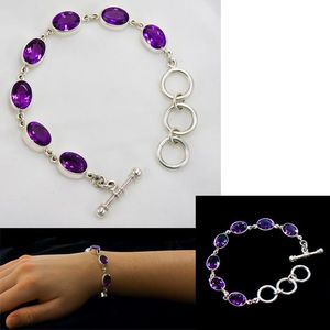 Elegante pulsera de plata de ley 925 hecha a mano para mujer, piedra preciosa de amatista de corte ovalado ajustable, cadena elegante de piedra púrpura a la moda - Product Image 4