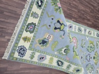 Tapis de couloir en laine Oushak de style antique 2x8 pi, motif abstrait bleu, rose et vert, noué à la main, écologique, antidérapant, taille personnalisée pour la maison