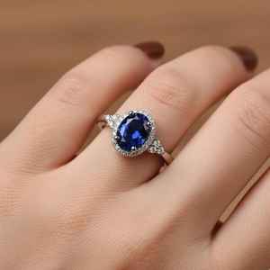 Bague de luxe pour femme en or blanc 10 carats avec saphir ovale romantique, bijoux tendance pour mariage, cadeau d'anniversaire - Product Image 2