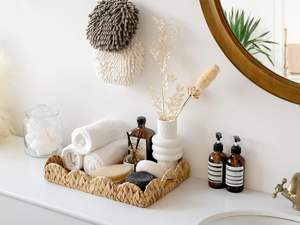 ถาดเสิร์ฟอาหารทรงสี่เหลี่ยมผืนผ้าขอบเป็นรูปหอยเชลล์โต๊ะกาแฟอเนกประสงค์พร้อมที่จับในตัวถาดตกแต่งวัสดุผักตบชวา - Product Image 2