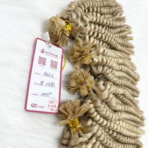 Natural Super Doble Dibujado Mixto Piano Rubio Claro Remy Extensiones de cabello Blanqueado Queratina Punta plana Cabello Suelto Rizado Punta plana - Product Image 5