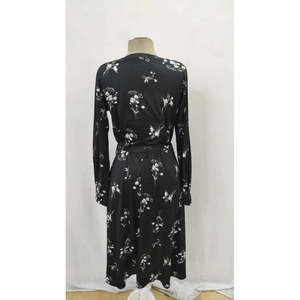 Vestido Maxi Micro Interlock Estampado con Cuello Mandarín, Manga Larga y Cinturón para Mujer, 32261 - Negro - Product Image 6