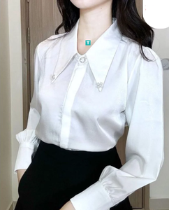 Blusa de Satén Verde con Cuello en V y Lazo, Manga Tres Cuartos, Camisa Formal para Mujer, Color Sólido, Antiarrugas, Ropa de Primavera - Product Image 1