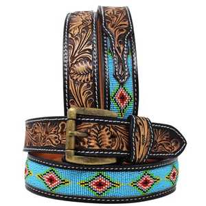 100% American Cow Hide Designer Western Beaded <b>Belt</b> with Hand Floral Tooled with buck stitch <b>Work</b> for Men & Women Western <b>Belt</b> - Product Image 2
